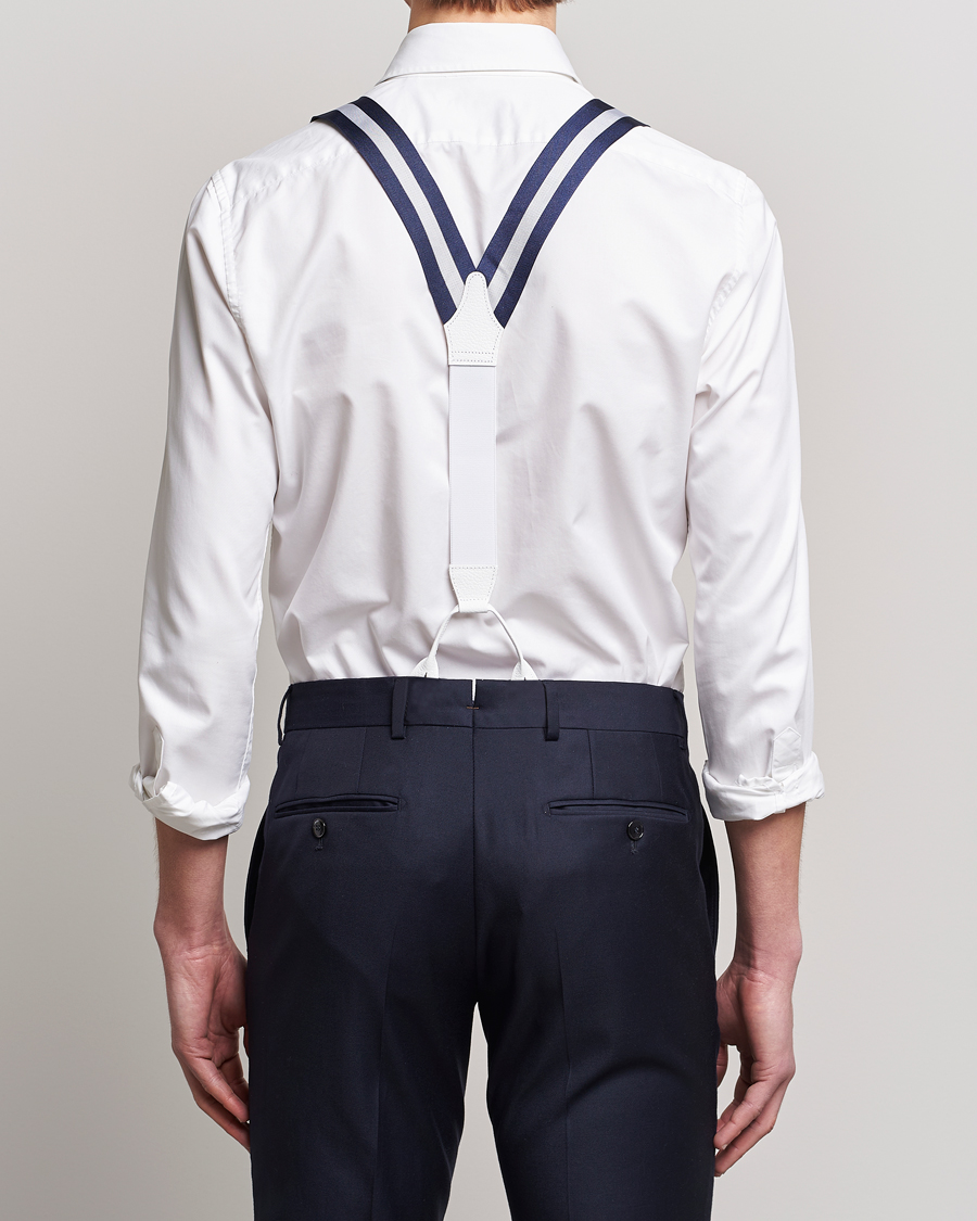 Homme | Albert Thurston Elastic Wide Stripe Braces 40mm Navy/White | Albert Thurston | Elastic Wide Stripe Braces 40mm Navy/White