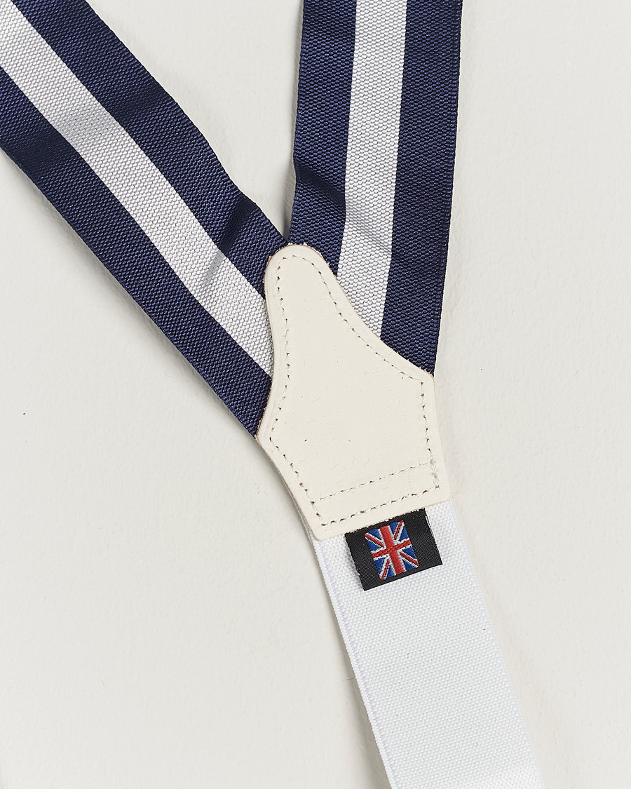 Homme | Albert Thurston Elastic Wide Stripe Braces 40mm Navy/White | Albert Thurston | Elastic Wide Stripe Braces 40mm Navy/White
