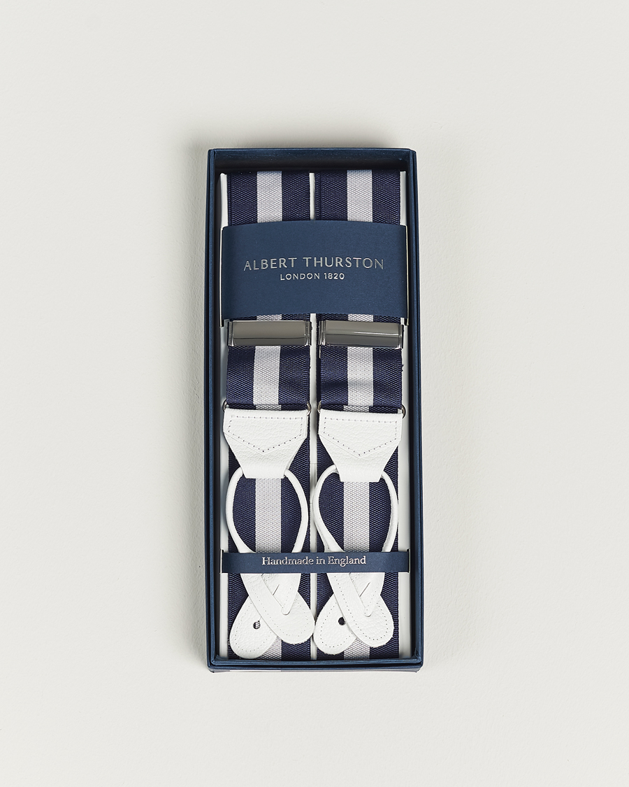 Homme | Albert Thurston Elastic Wide Stripe Braces 40mm Navy/White | Albert Thurston | Elastic Wide Stripe Braces 40mm Navy/White