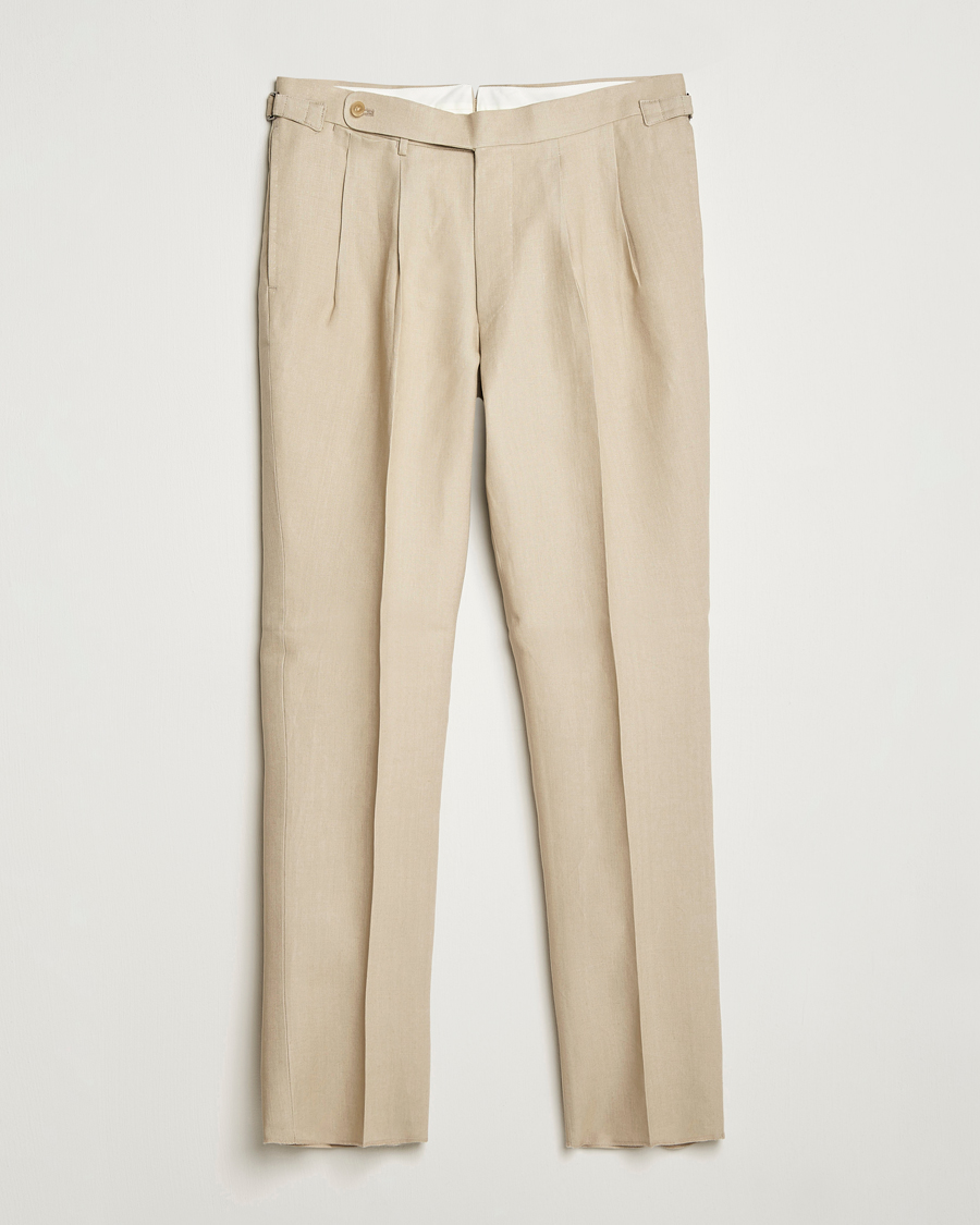 Homme | Pantalons | Beams F | Pleated Linen Trousers Beige