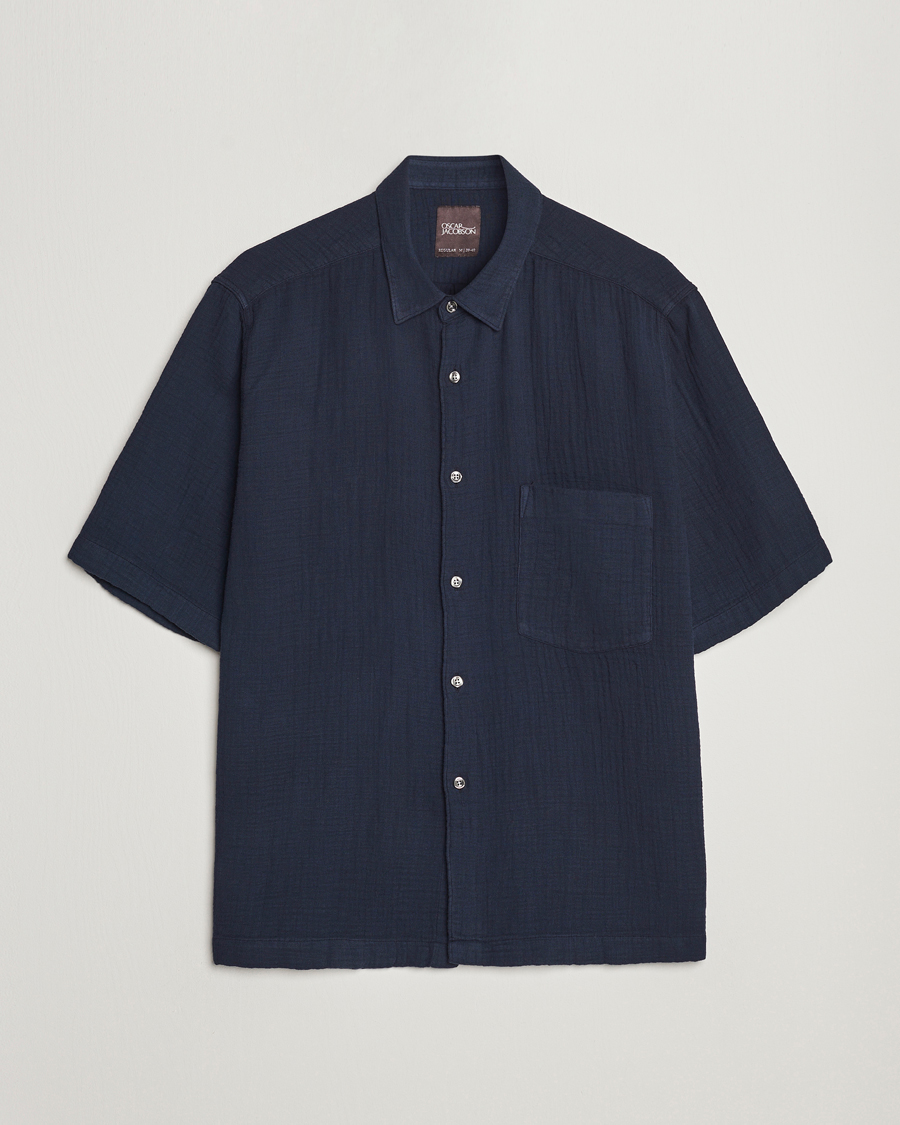 Homme | Chemises | Oscar Jacobson | Short Sleeve City Crepe Cotton Shirt Navy