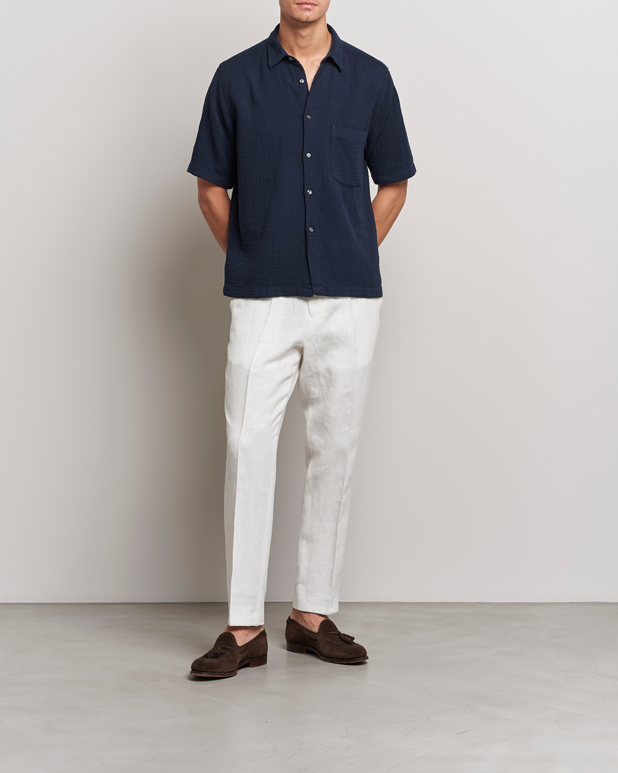 Homme | Chemises | Oscar Jacobson | Short Sleeve City Crepe Cotton Shirt Navy