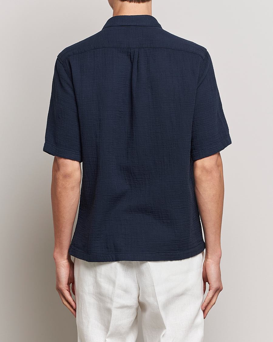 Homme | Chemises | Oscar Jacobson | Short Sleeve City Crepe Cotton Shirt Navy