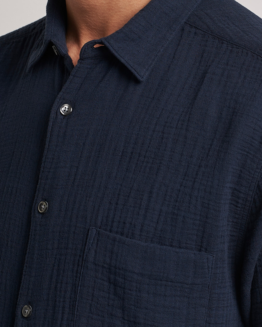 Homme | Chemises | Oscar Jacobson | Short Sleeve City Crepe Cotton Shirt Navy