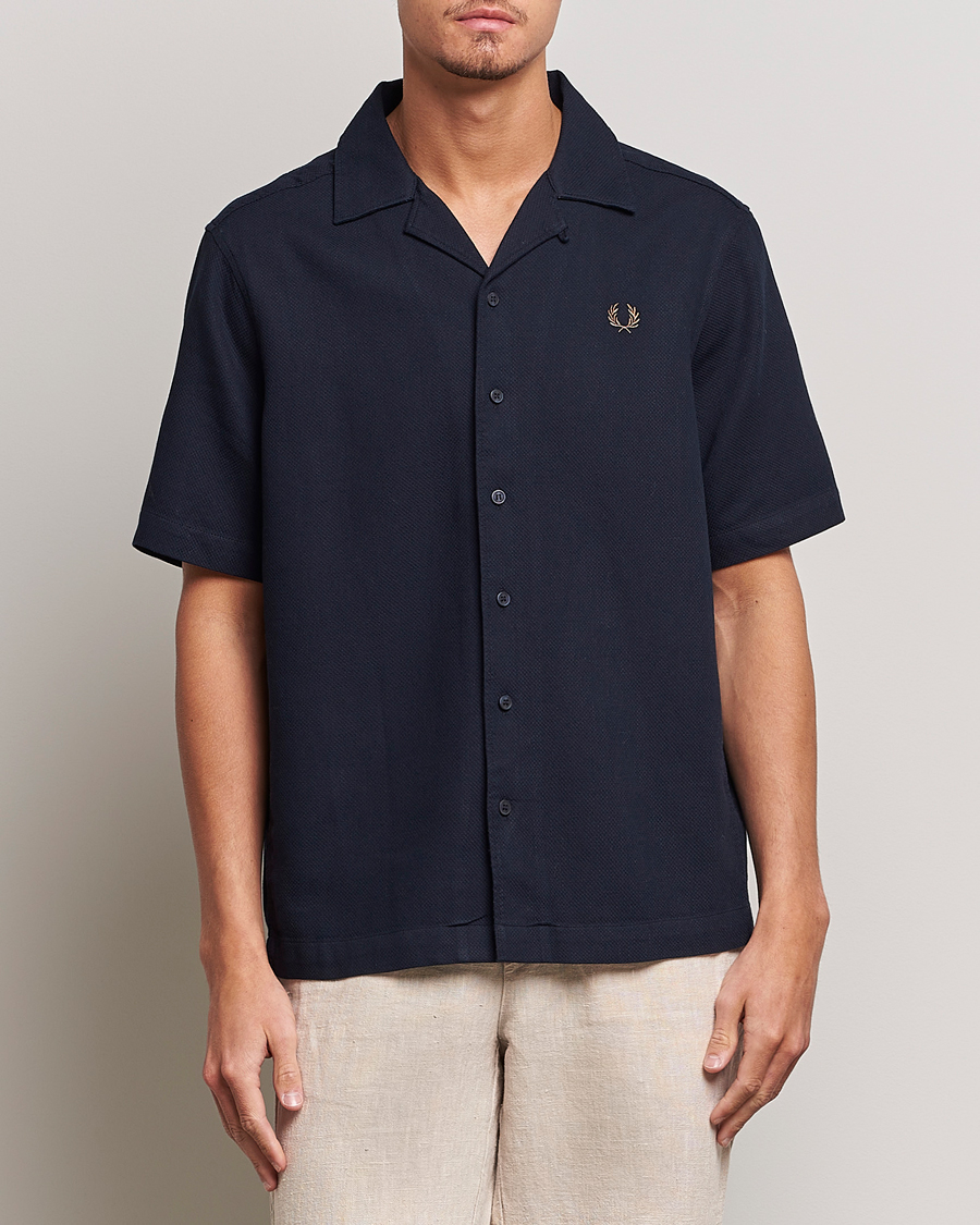 Homme | Chemises | Fred Perry | Woven Pique Short Sleeve Linen Shirt Navy