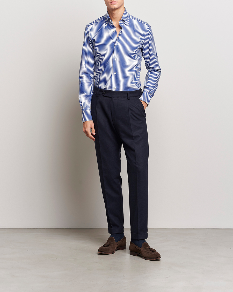 Homme | Chemises | Mazzarelli | Soft Button Down Striped Shirt Dark Blue