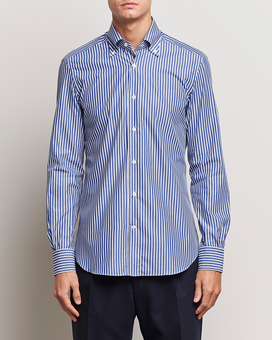Homme |  | Mazzarelli | Soft Button Down Striped Shirt Dark Blue