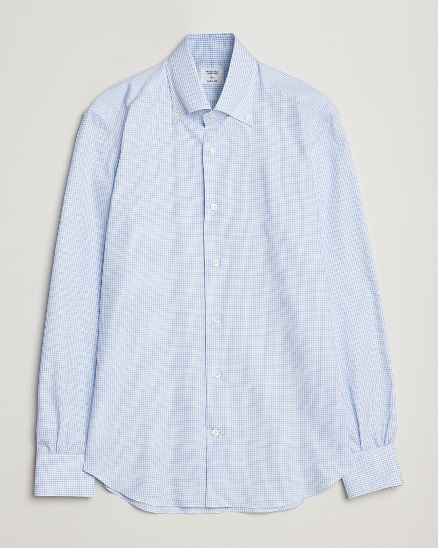 Homme | Chemises | Mazzarelli | Soft Button Down Checked Shirt Light Blue