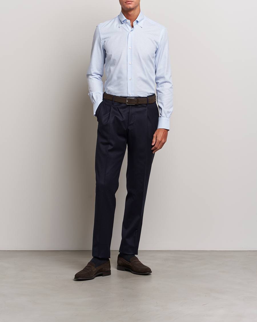 Homme | Chemises | Mazzarelli | Soft Button Down Checked Shirt Light Blue