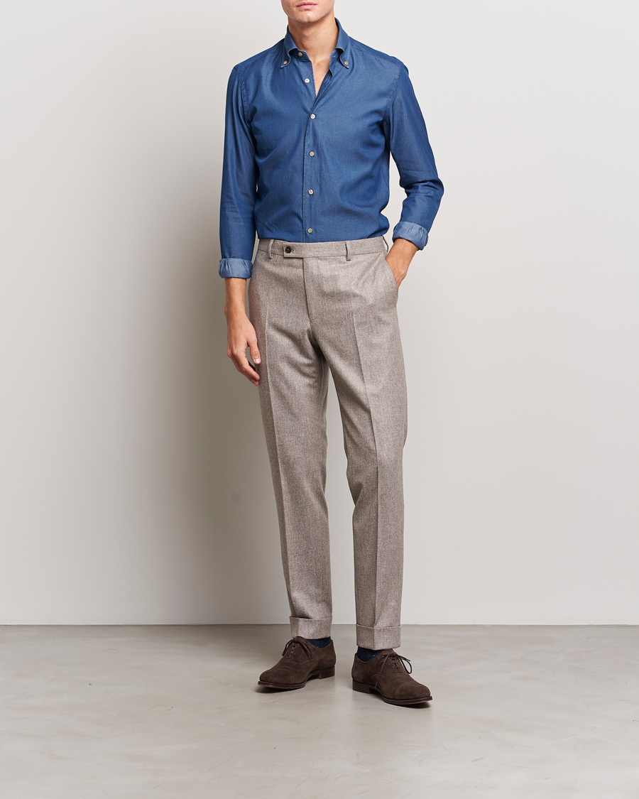 Homme | Chemises | Mazzarelli | Soft Button Down Denim Shirt Blue Wash