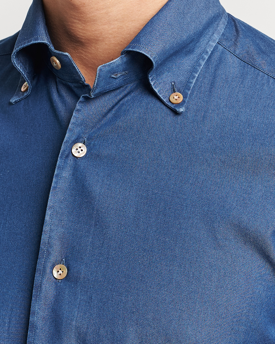 Homme | Chemises | Mazzarelli | Soft Button Down Denim Shirt Blue Wash