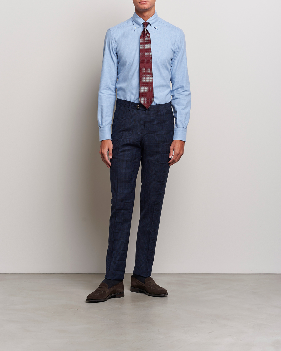 Homme | Chemises | Mazzarelli | Soft Button Down Flannel Shirt Light Blue