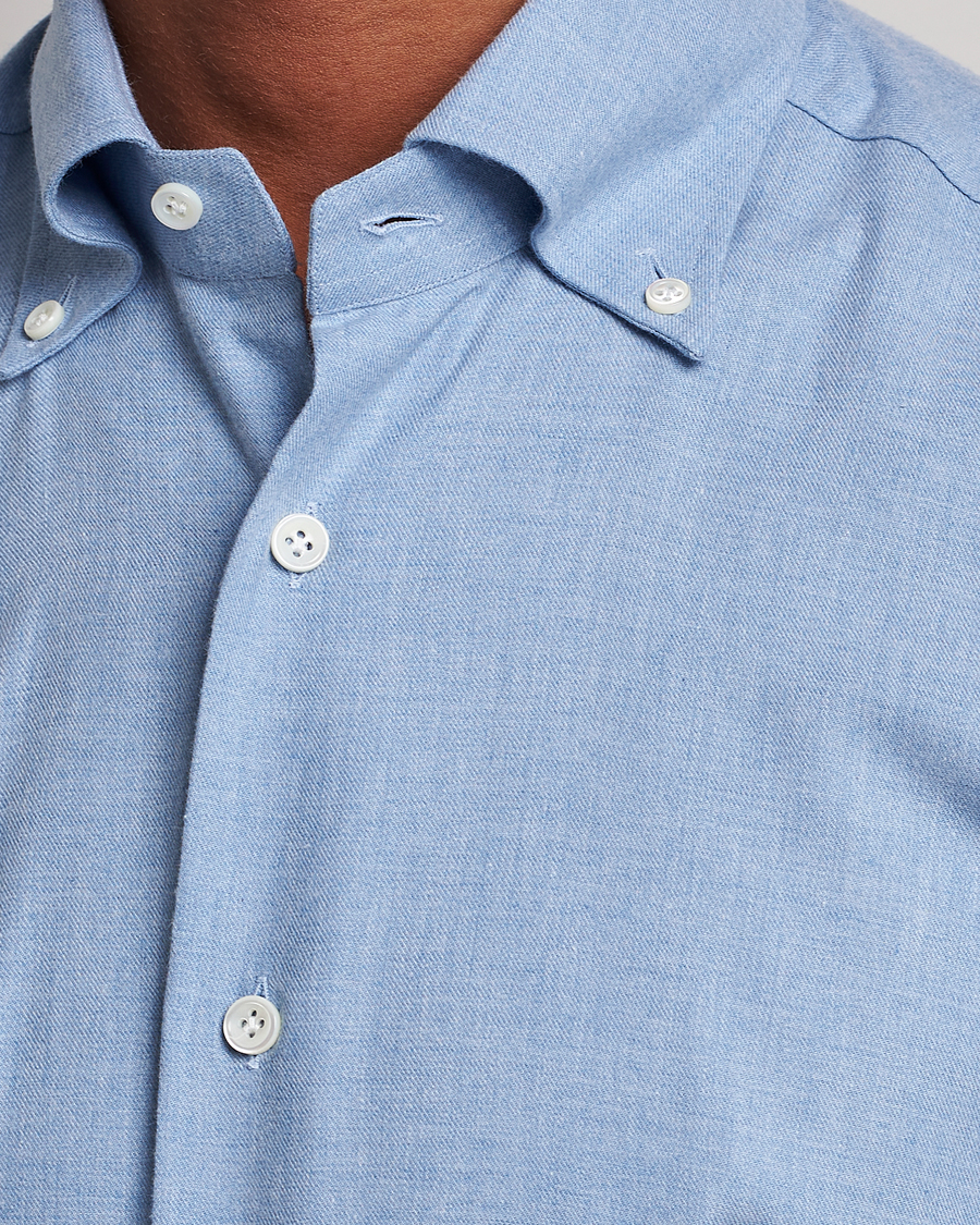 Homme | Chemises | Mazzarelli | Soft Button Down Flannel Shirt Light Blue