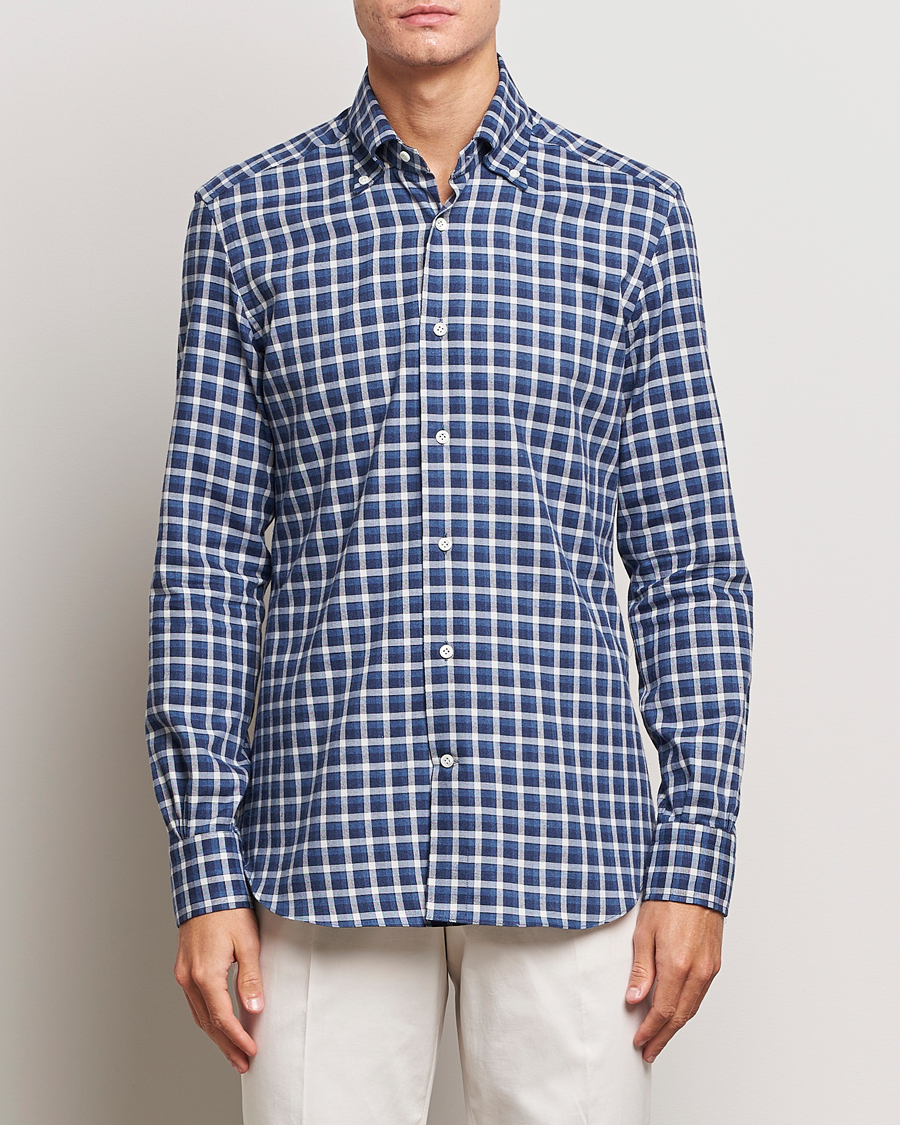 Homme | Mazzarelli | Mazzarelli | Soft Button Down Flannel Shirt Dark Blue