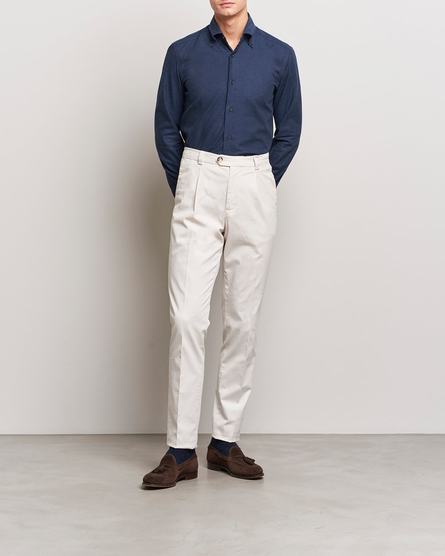 Homme | Chemises | Mazzarelli | Soft Button Down Flannel Shirt Navy