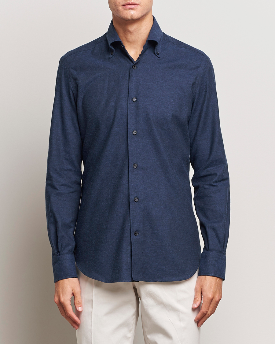Homme |  | Mazzarelli | Soft Button Down Flannel Shirt Navy