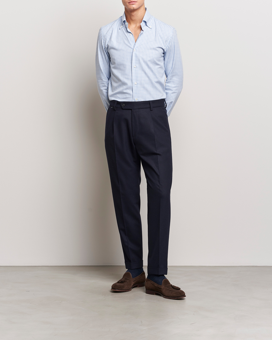 Homme | Chemises | Mazzarelli | Soft Button Down Flannel Shirt Light Blue