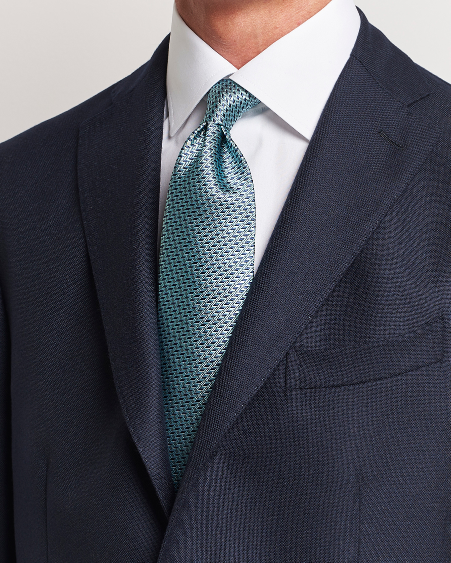 Homme |  | Brioni | Geometrical Jacquard Silk Tie Teal