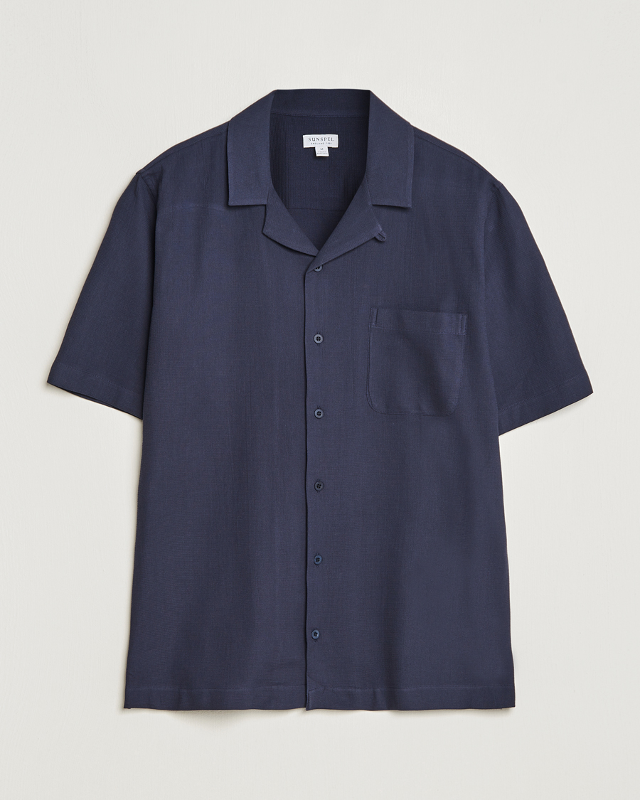 Homme | Chemises | Sunspel | Waffle Camp Collar Shirt Navy