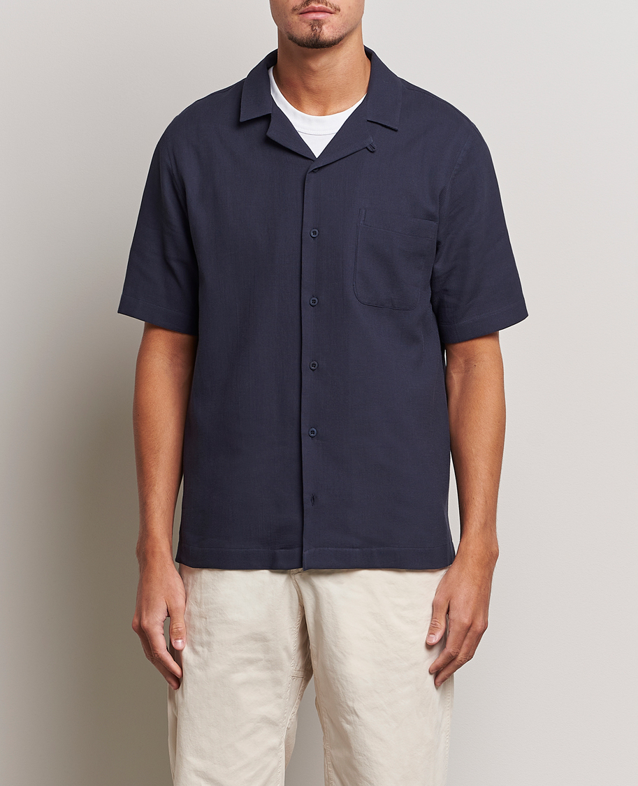 Homme | Chemises | Sunspel | Waffle Camp Collar Shirt Navy