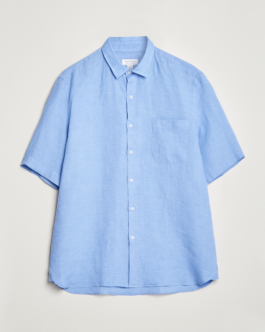 Homme | Chemises | Sunspel | Short Sleeve Linen Shirt Cool Blue