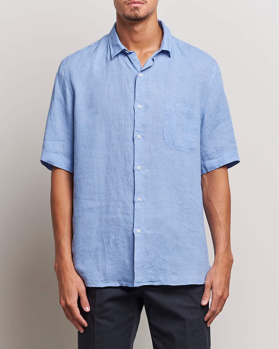 Homme | Chemises | Sunspel | Short Sleeve Linen Shirt Cool Blue
