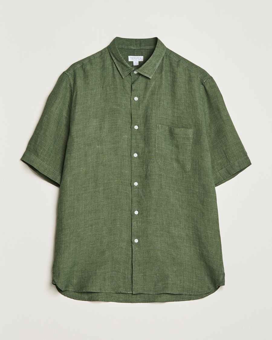 Homme | Chemises | Sunspel | Short Sleeve Linen Shirt Hunter Green