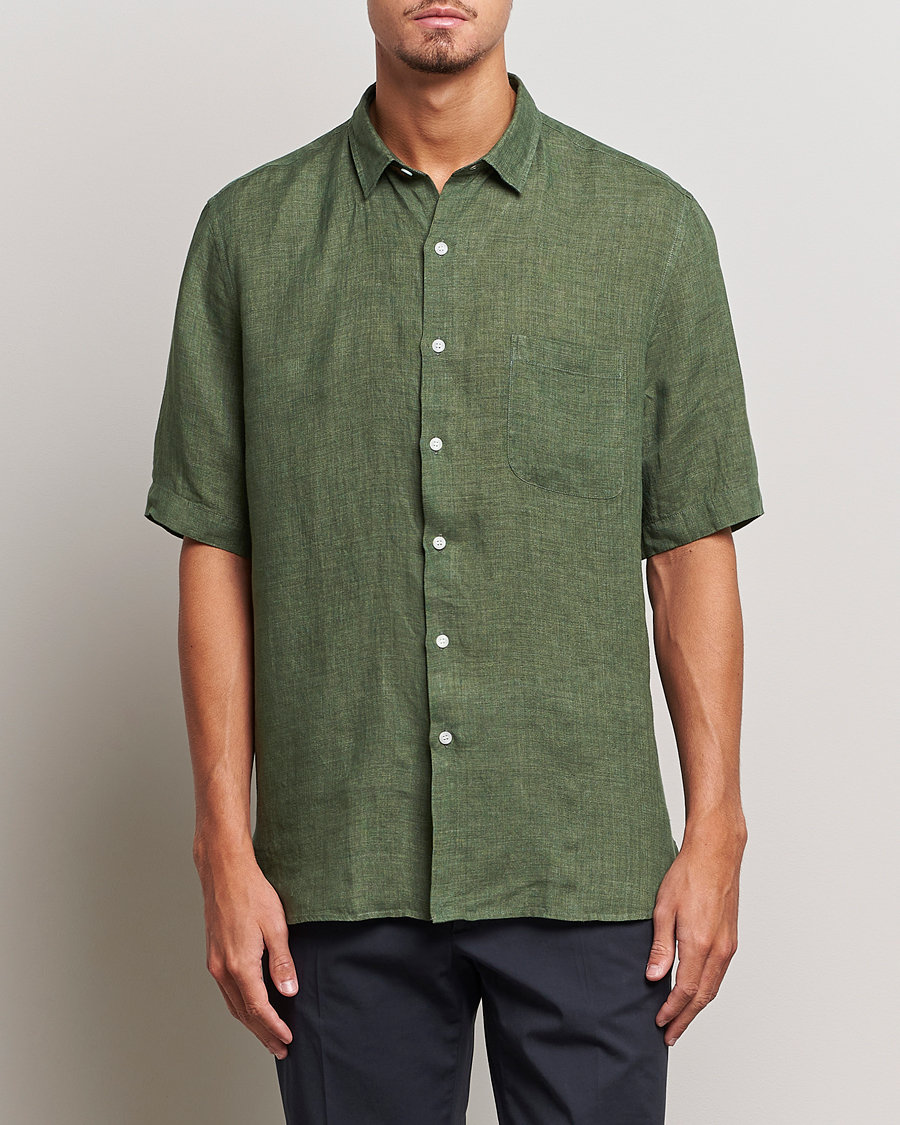 Homme | Chemises | Sunspel | Short Sleeve Linen Shirt Hunter Green