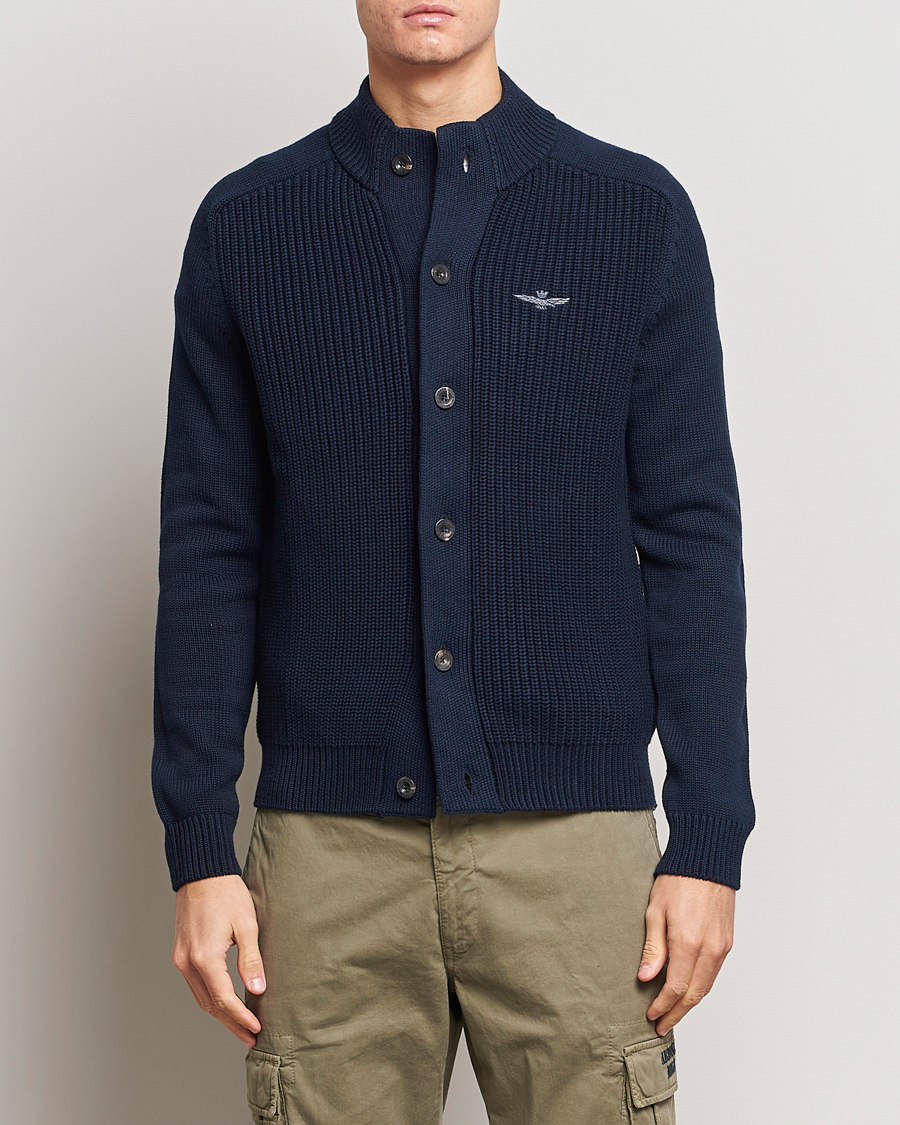 Homme | Pulls Et Tricots | Aeronautica Militare | Cotton Ribbed Knitted Cardigan Dark Blue