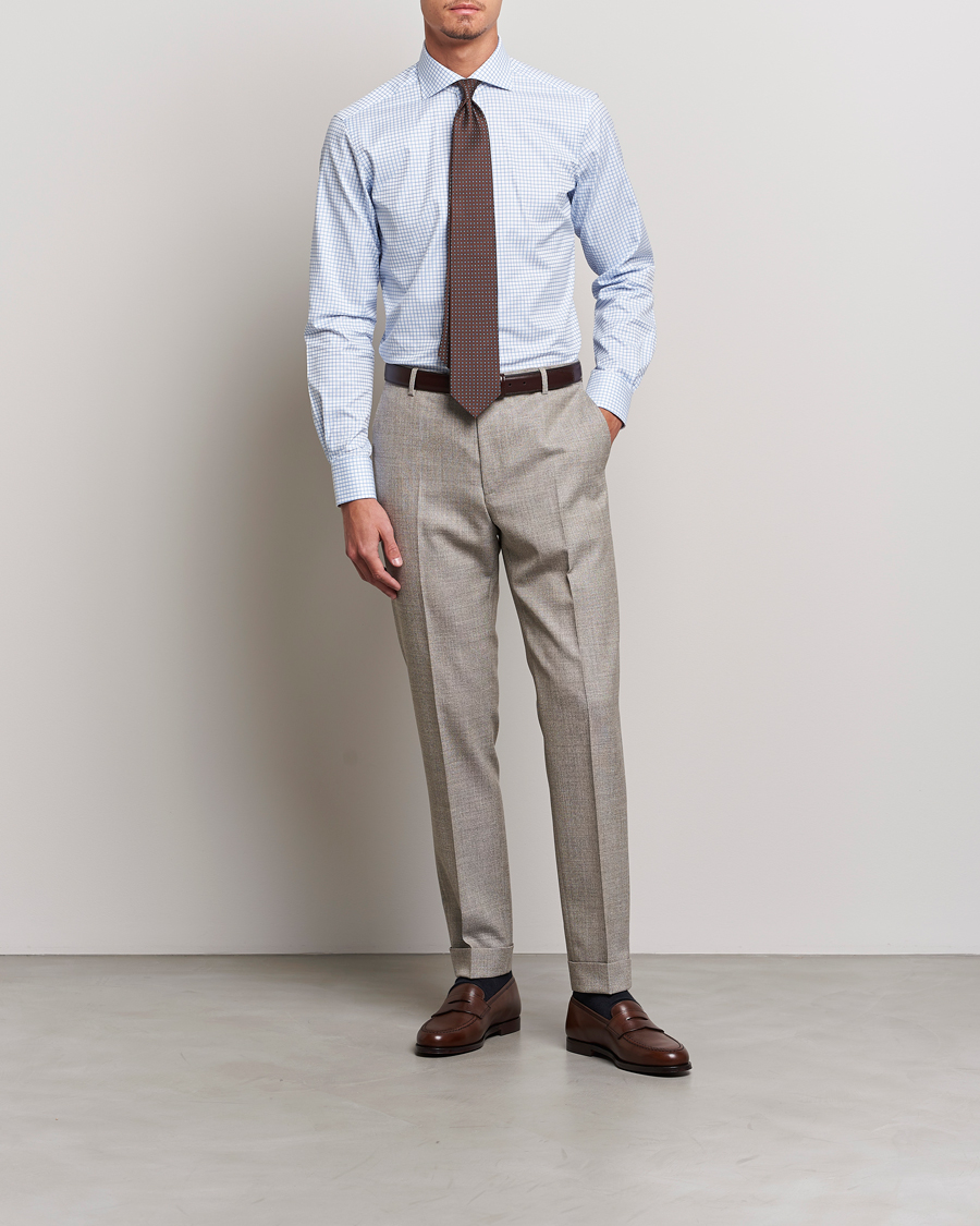 Homme | Chemises | Kamakura Shirts | Slim Fit Twill Spread Shirt Sky Blue Check