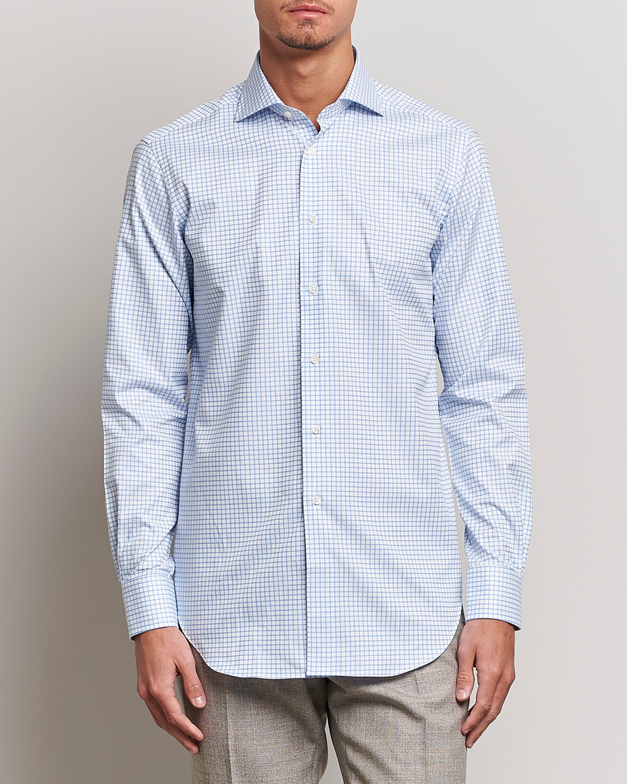 Homme | Chemises | Kamakura Shirts | Slim Fit Twill Spread Shirt Sky Blue Check