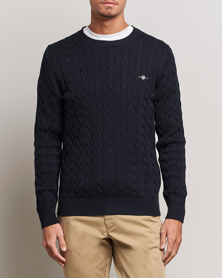 Men | Knitted Jumpers | GANT | Cotton Cable Crew Neck Pullover Evening Blue