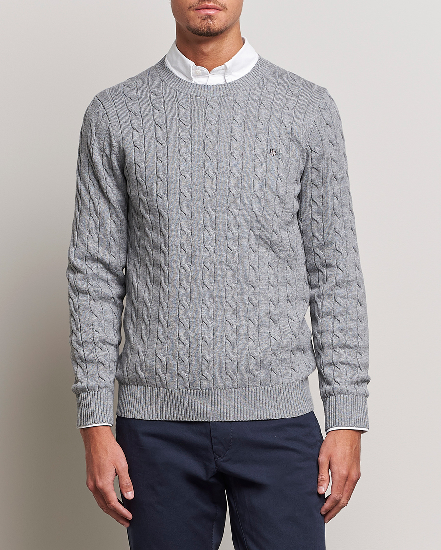 Men | Clothing | GANT | Cotton Cable Crew Neck Pullover Grey Melange