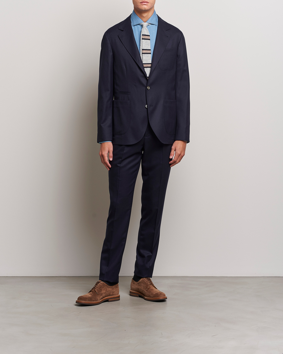 Homme | Pantalons | Brunello Cucinelli | Slim Fit Pleated Flannel Trousers Navy