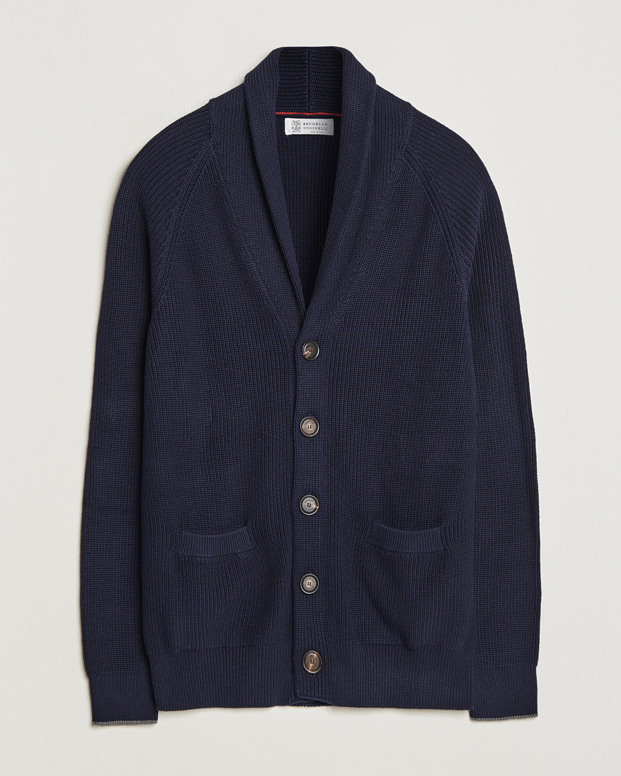 Homme | Pulls Et Tricots | Brunello Cucinelli | Rib Wool Shawl Collar Cardigan Navy