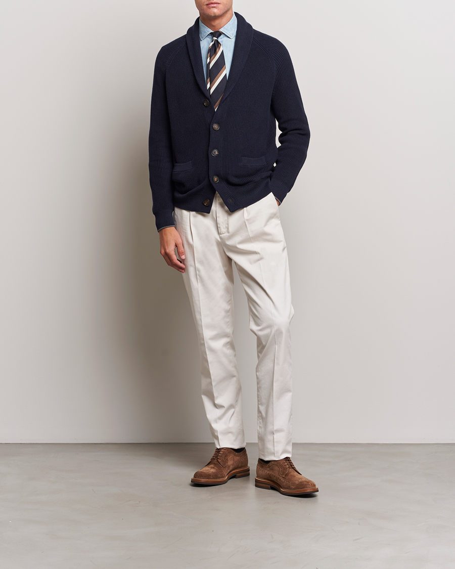 Homme | Pulls Et Tricots | Brunello Cucinelli | Rib Wool Shawl Collar Cardigan Navy