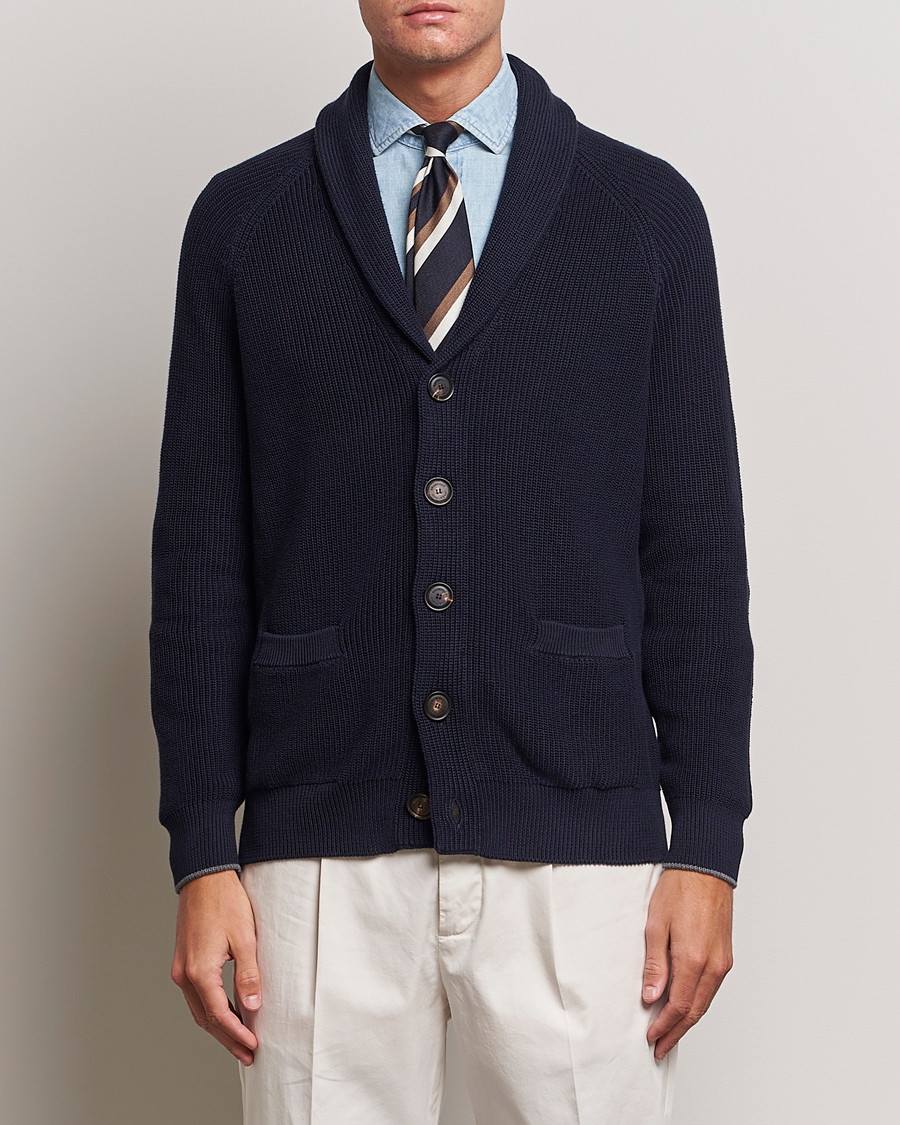 Homme | Pulls Et Tricots | Brunello Cucinelli | Rib Wool Shawl Collar Cardigan Navy