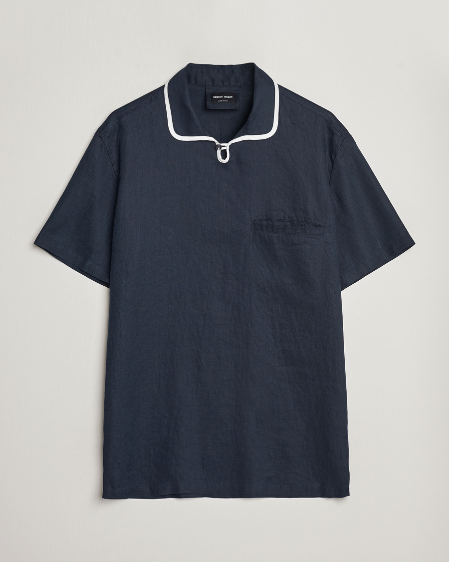 Homme | Chemises | Giorgio Armani | Linen Guru Collar Short Sleeve Shirt Navy