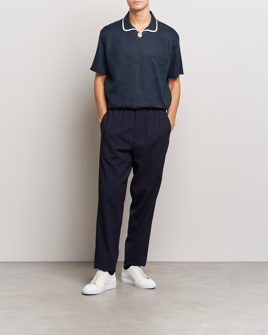 Homme | Chemises | Giorgio Armani | Linen Guru Collar Short Sleeve Shirt Navy