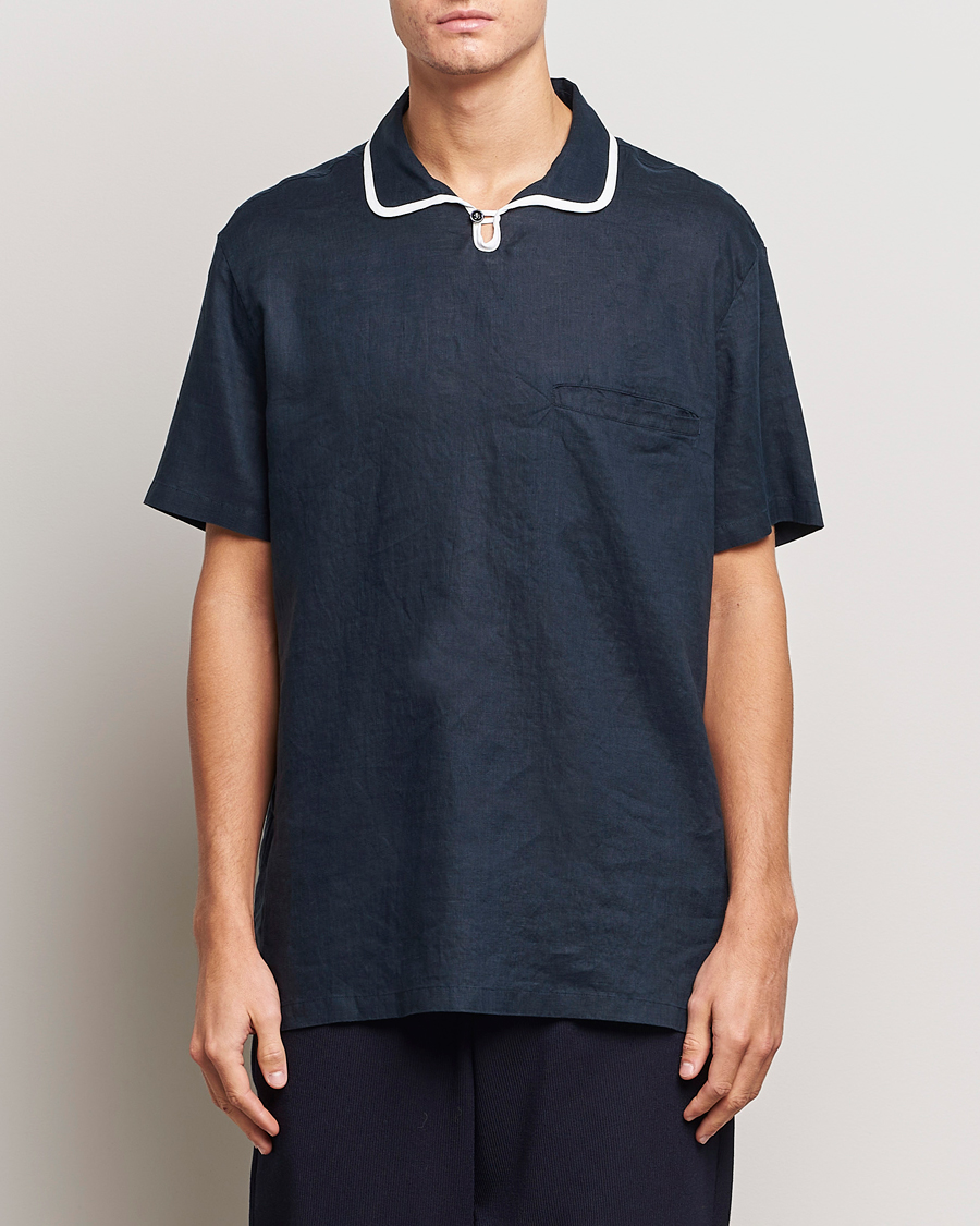 Homme | Chemises | Giorgio Armani | Linen Guru Collar Short Sleeve Shirt Navy