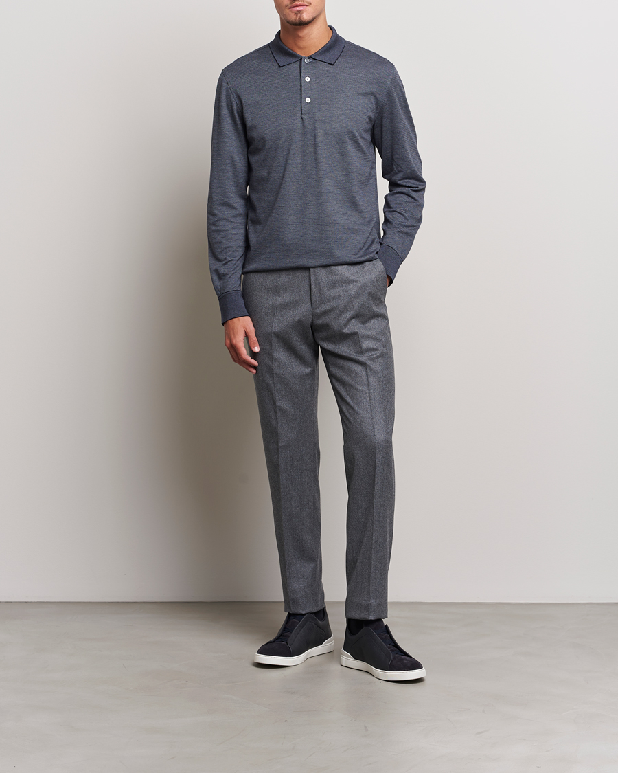 Homme | Pulls Et Tricots | Zegna | Cotton/Silk Long Sleeve Polo Dark Blue