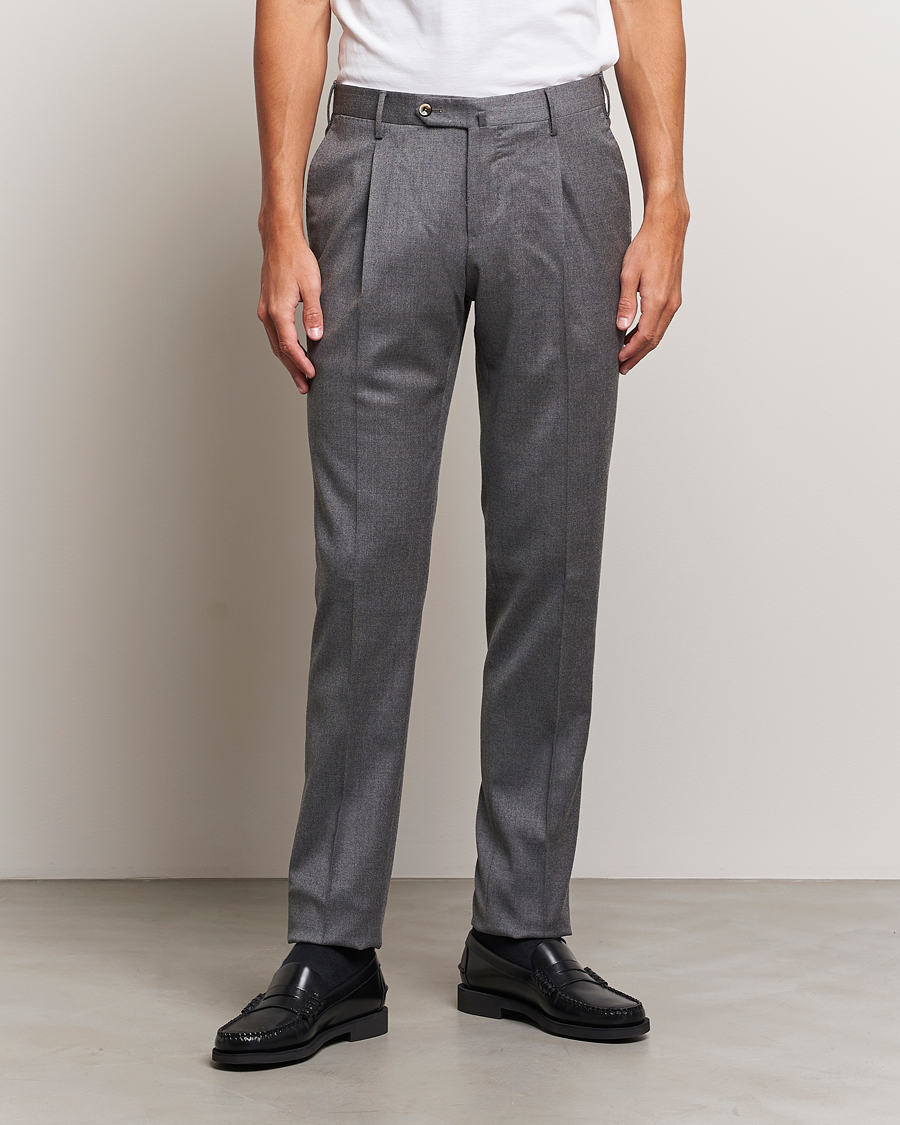 Homme | PT01 | PT01 | Slim Fit Pleated Flannel Trousers Grey Melange
