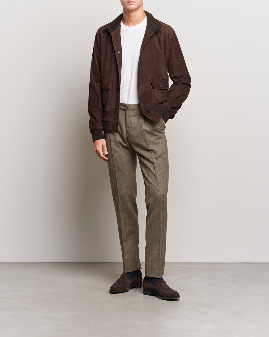 Homme | Pantalons | PT01 | Slim Fit Pleated Houndstooth Trousers Light Brown