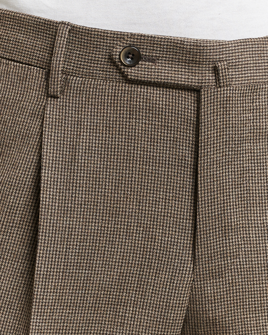 Homme | Pantalons | PT01 | Slim Fit Pleated Houndstooth Trousers Light Brown