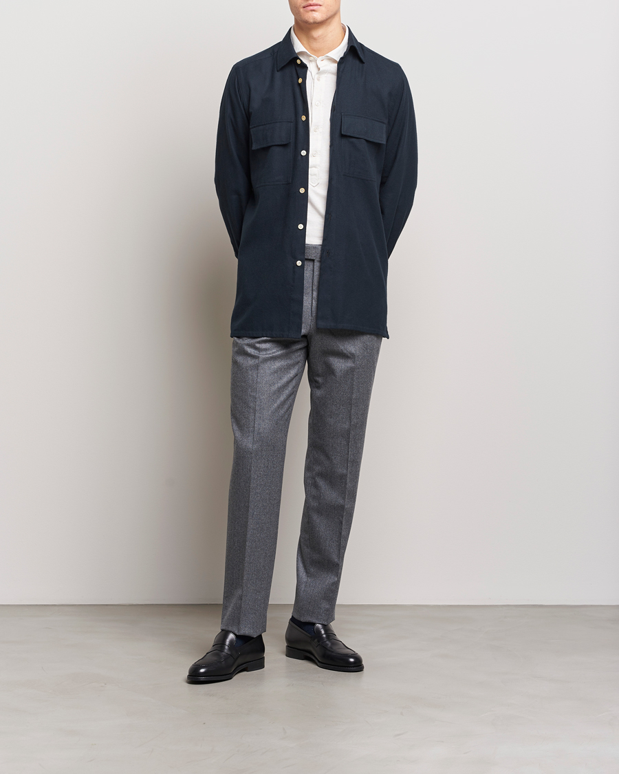 Homme | Chemises | Kiton | Herringbone Flannel Overshirt Midnight