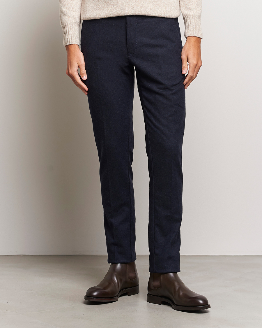 Homme | Pantalons | Incotex | Slim Fit Washed Flannel Stretch Slacks Navy