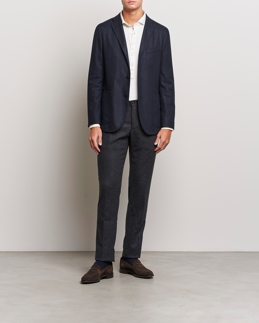 Homme | Pantalons | Incotex | Slim Fit Washed Flannel Stretch Slacks Dark Grey