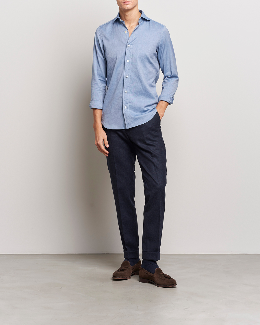 Homme | Chemises | Finamore Napoli | Tokyo Slim Flannel Shirt Light Blue