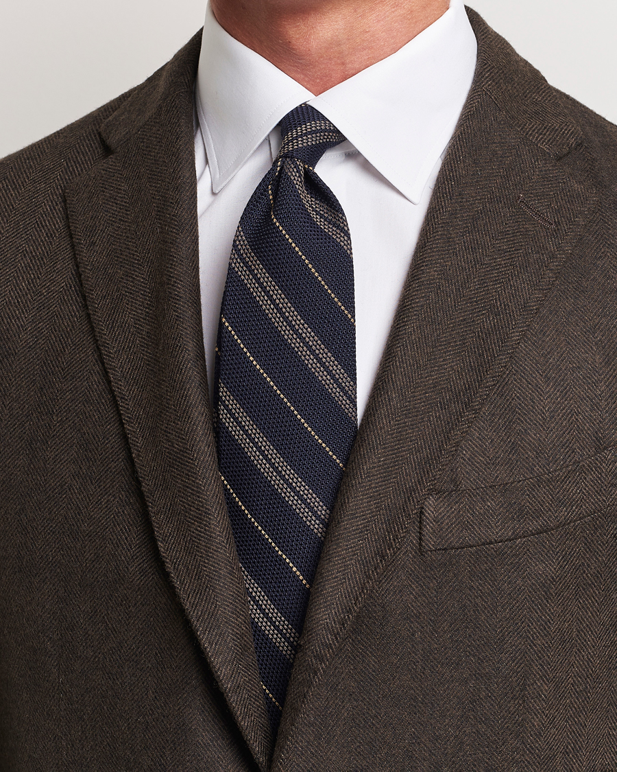 Homme | Finamore Napoli Regimental Grenadine Silk Tie Navy/Brown | Finamore Napoli | Regimental Grenadine Silk Tie Navy/Brown