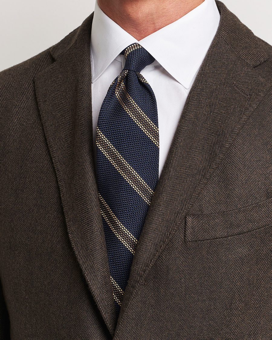 Homme | Finamore Napoli Regimental Grenadine Silk Tie Navy/Brown | Finamore Napoli | Regimental Grenadine Silk Tie Navy/Brown
